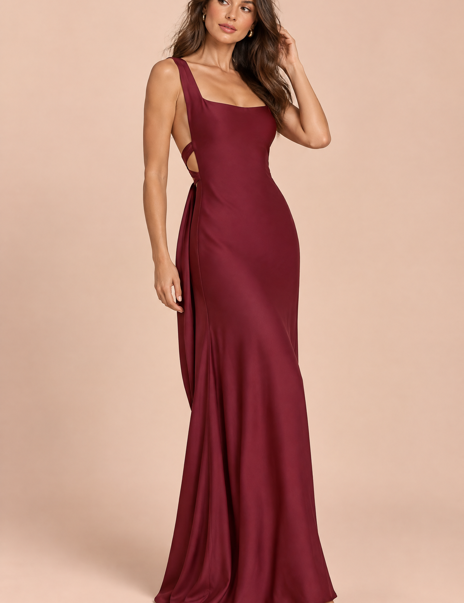 Robe longue bordeaux dos nu à décolleté en V | Vue de face | Lounelle Paris
