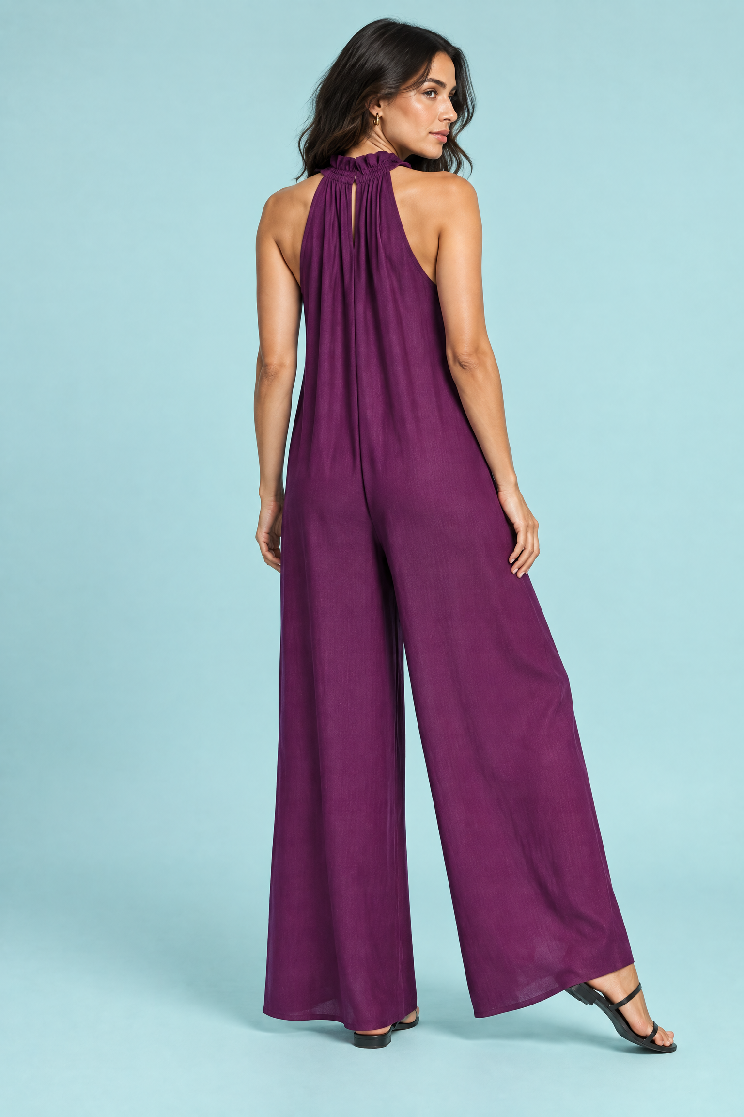 Robe longue violette à volants et encolure américaine | Vue de dos | Lounelle Paris
