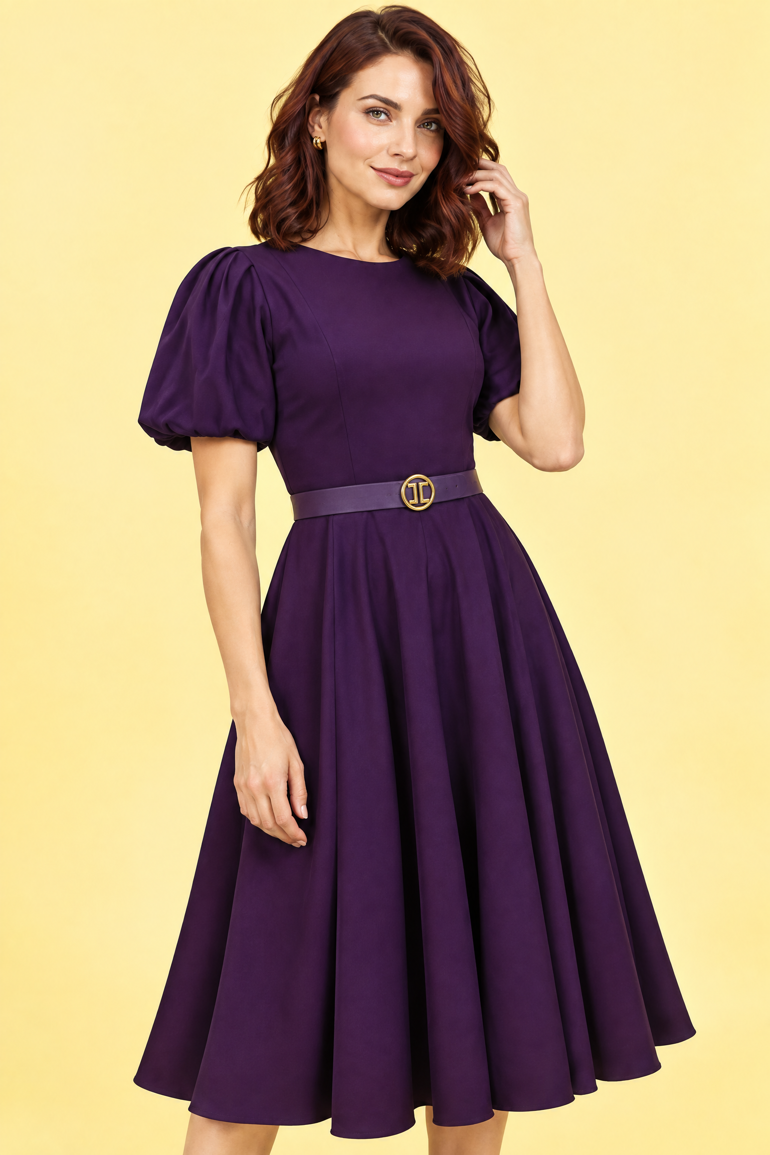 Robe midi violette à col montant et manches bouffantes | Vue rapprochée | Lounelle Paris
