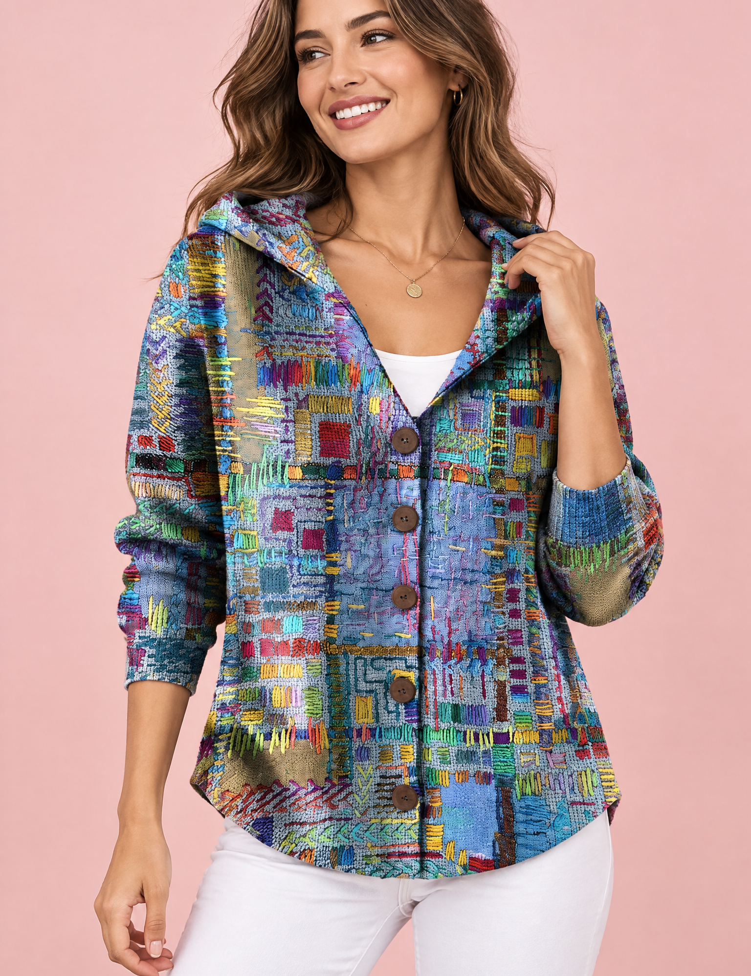Gilet à capuche bleu à fleurs | Vue de face | Lounelle Paris