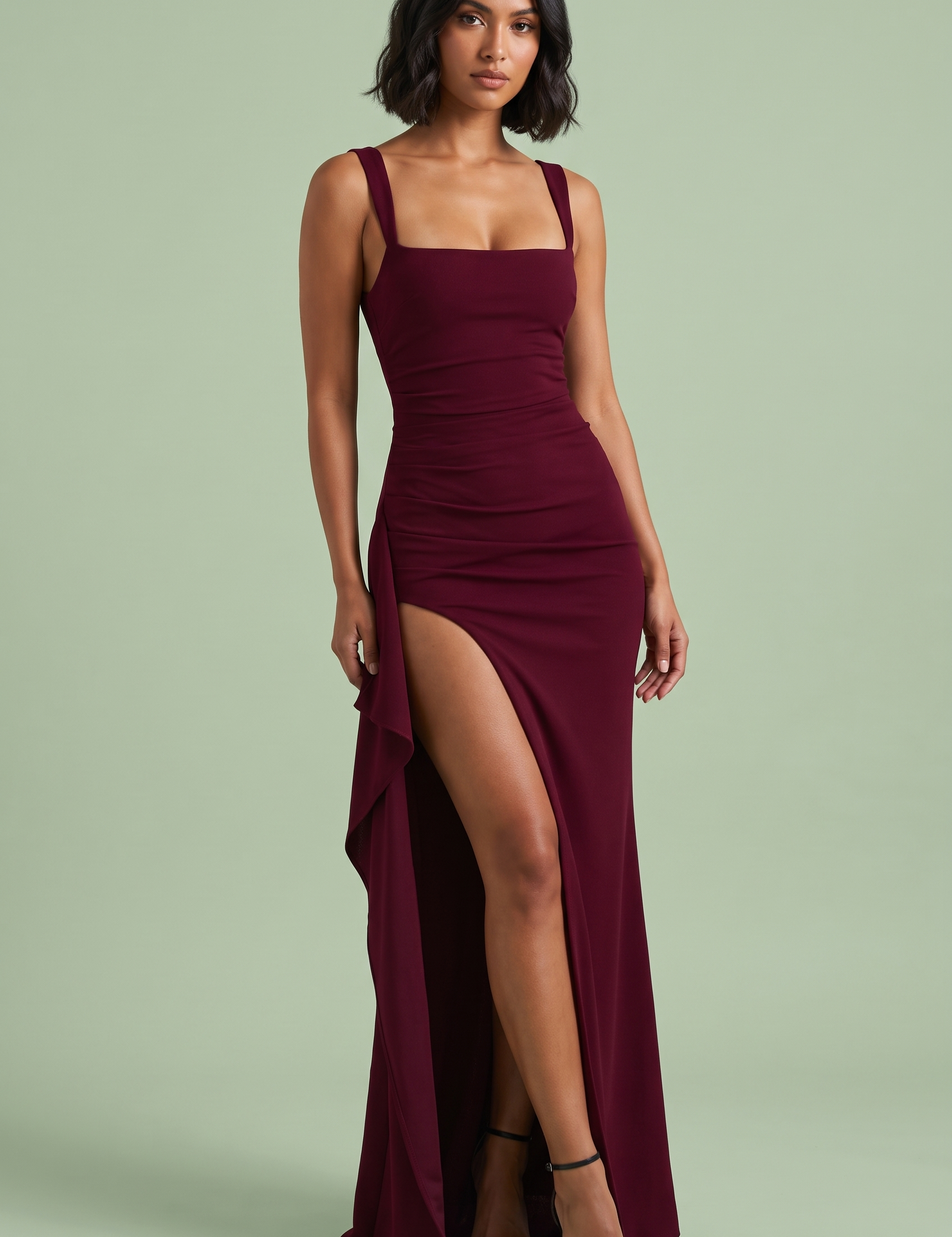 Robe longue bordeaux à décolleté carré, dos échancré et fente haute côté | Vue de face | Lounelle Paris