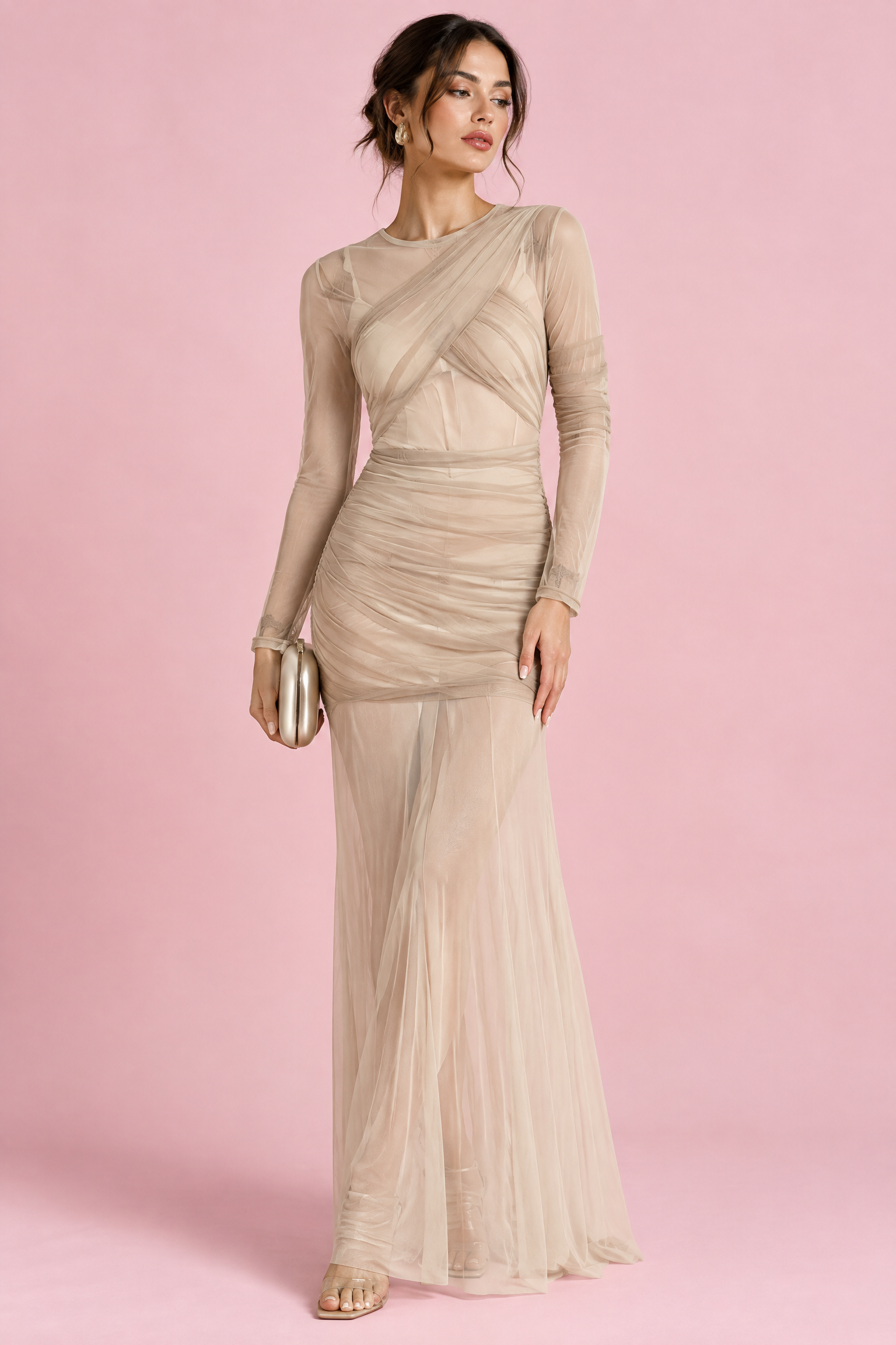 Robe longue moulante beige à fronces | Vue de face | Lounelle Paris