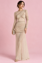 Robe longue moulante beige à fronces | Vue de face | Lounelle Paris
