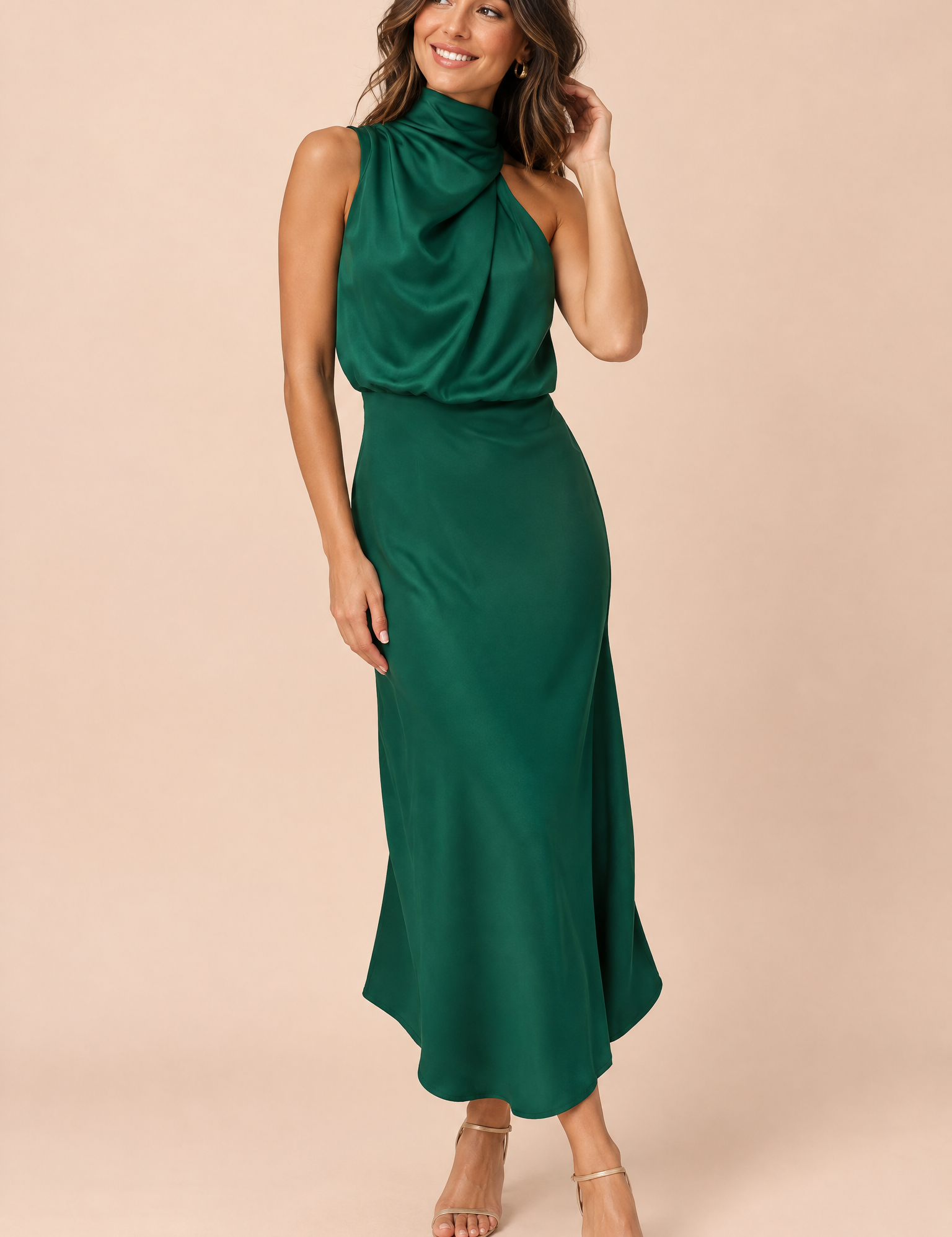 Robe midi trapèze vert foncé à col foulard | Vue de face | Lounelle Paris