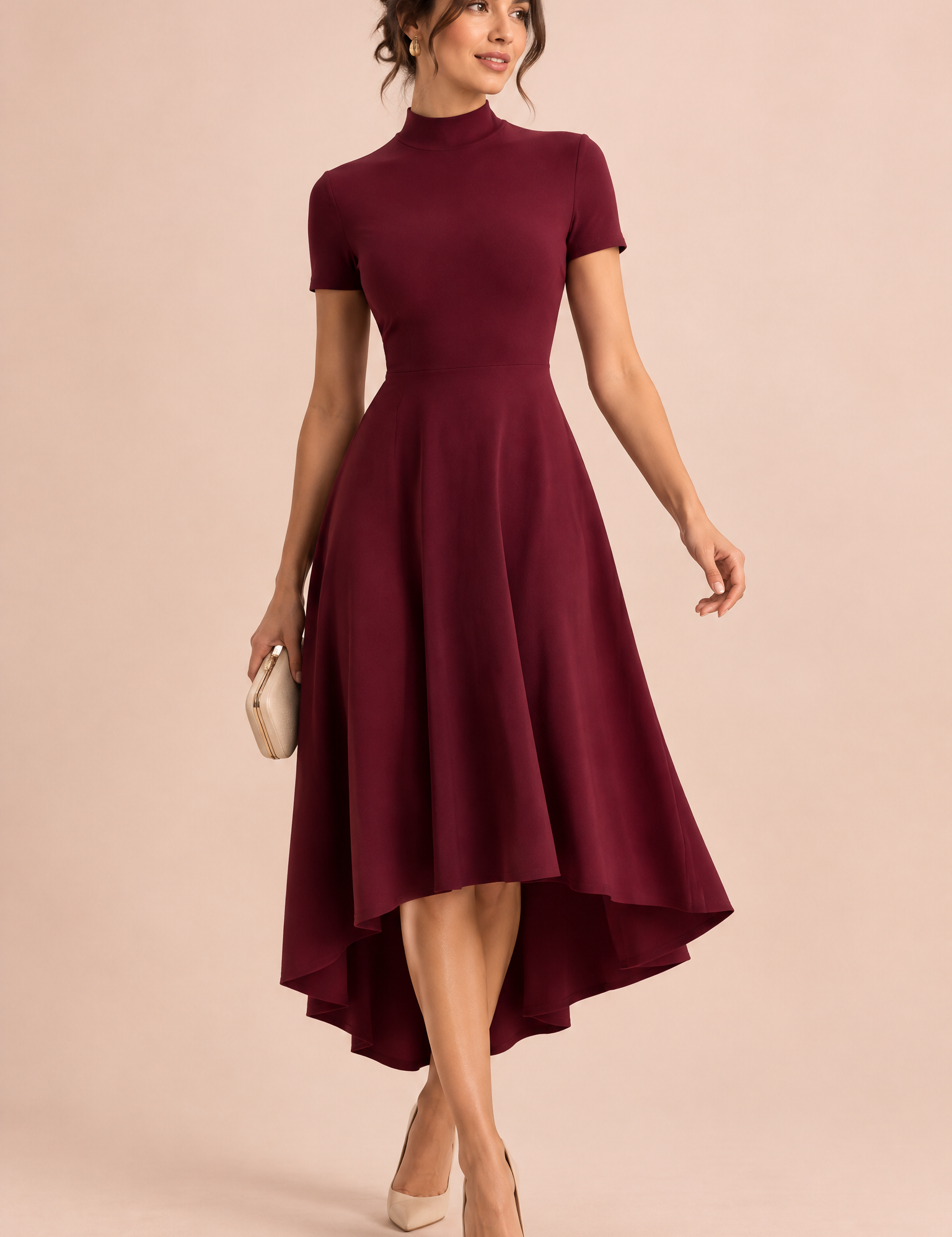 Robe midi asymétrique à col montant rouge foncé | Vue de face | Lounelle Paris