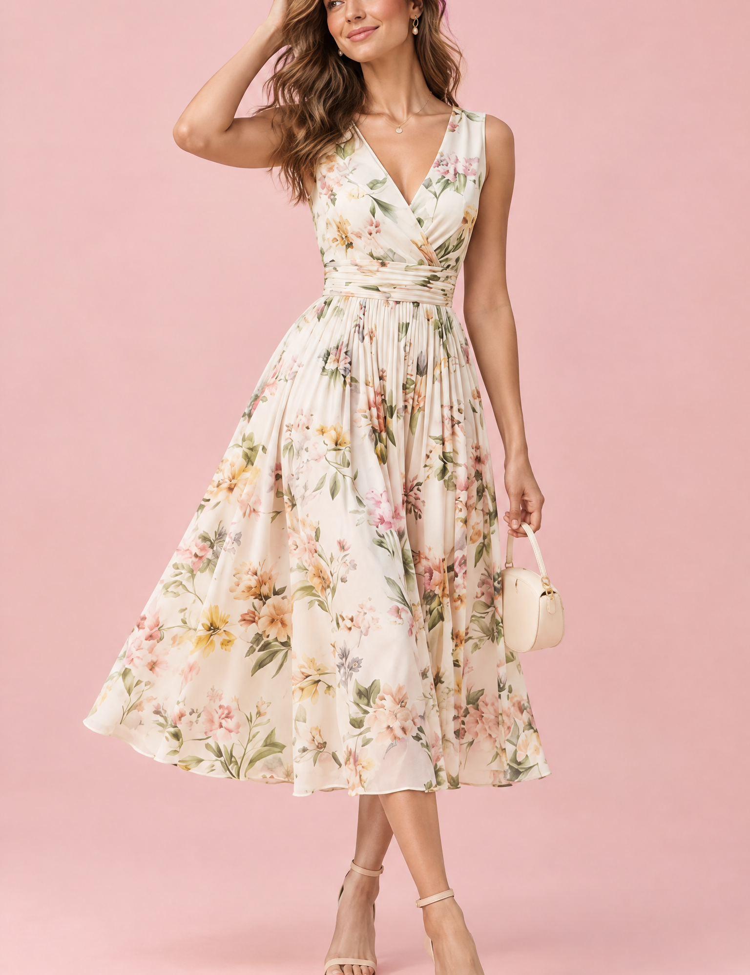 Robe midi verte à imprimé de bouquets floraux, col carré et coupe trapèze | Vue de face | Lounelle Paris