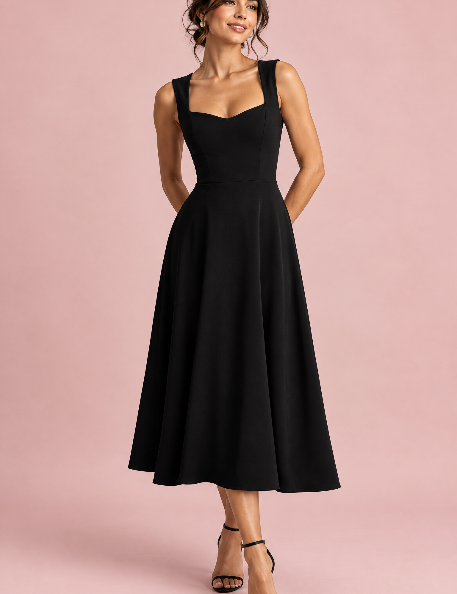 Robe midi noire à décolleté cœur | Vue de face | Lounelle Paris