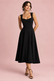 Robe midi noire à décolleté cœur | Vue de face | Lounelle Paris
