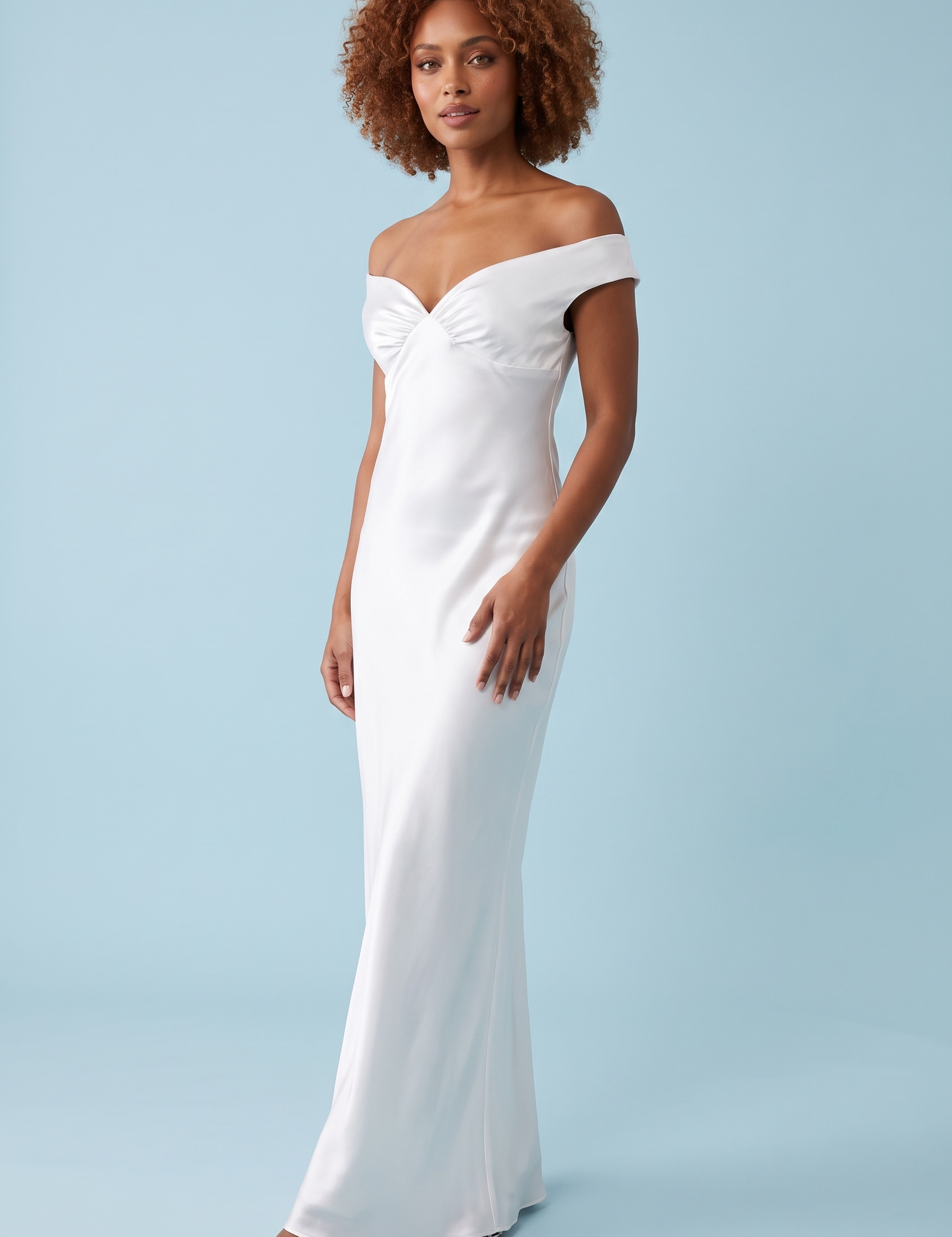 Robe longue froncée blanche épaules dénudées | Vue de face | Lounelle Paris