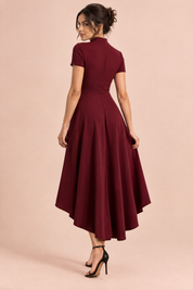 Robe midi asymétrique à col montant rouge foncé | Vue de dos | Lounelle Paris
