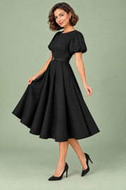 Robe midi noire à col montant et manches bouffantes | Vue de dos | Lounelle Paris