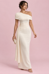 Cremefarvet asymmetrisk midikjole med drapering