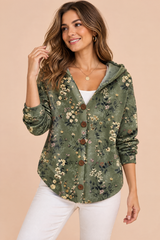Olivengrøn cardigan med hætte og knapper