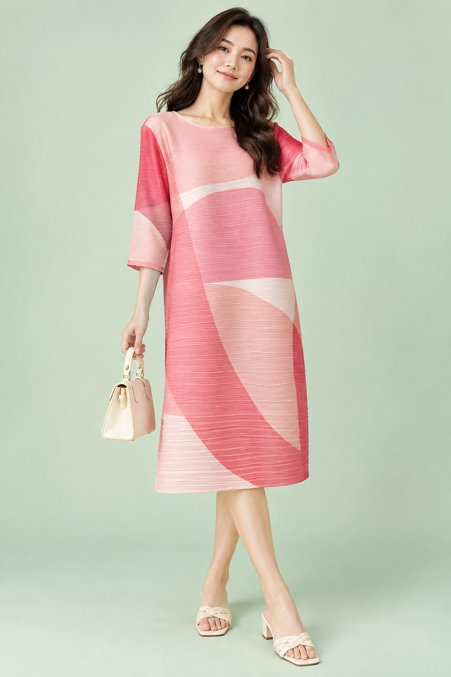 Robe midi trapèze plissée rose | Vue de face | Lounelle Paris