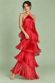 Robe longue rouge dos nu à franges superposées | Vue de face | Lounelle Paris
