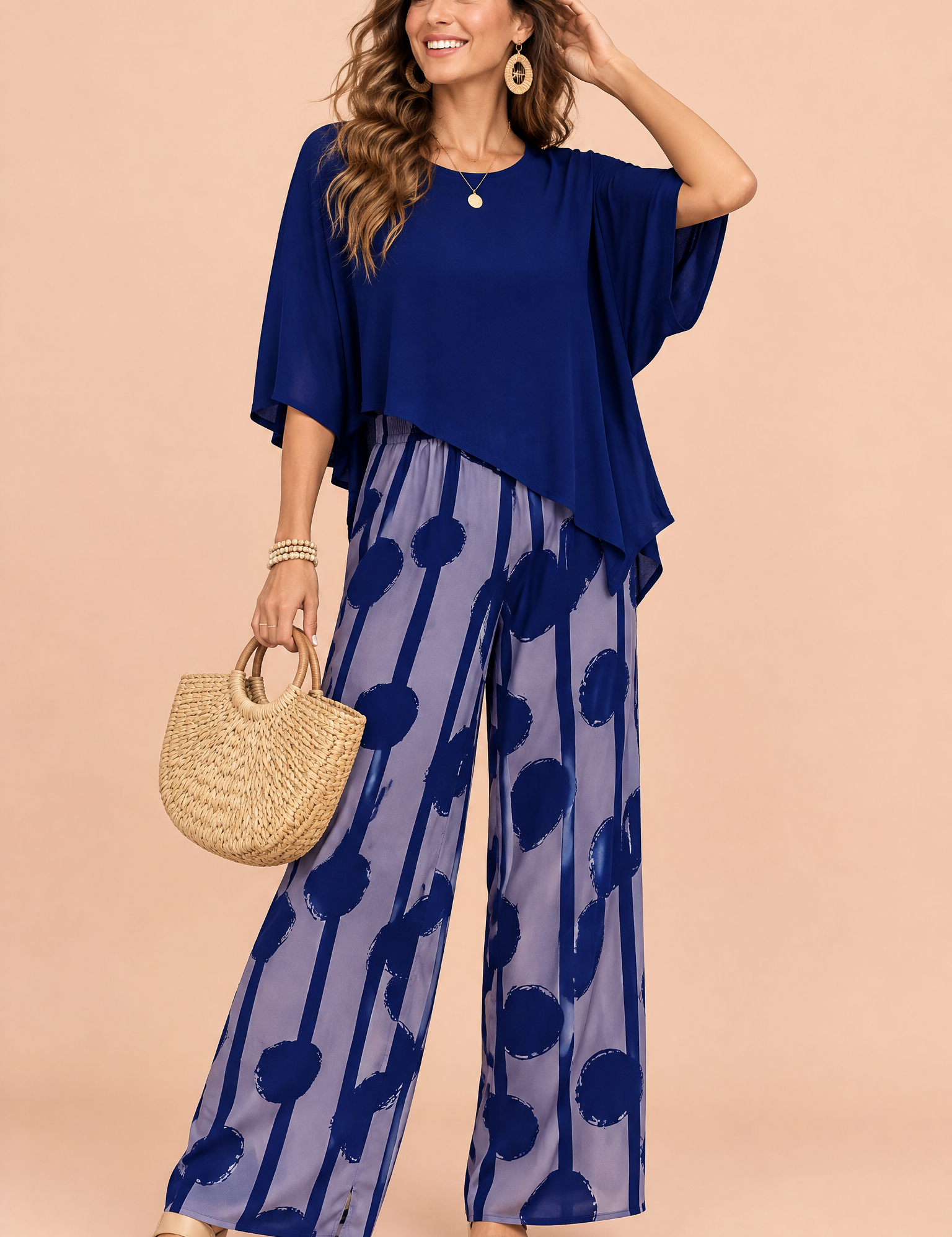 Ensemble pantalon bleu à pois | Vue de face | Lounelle Paris