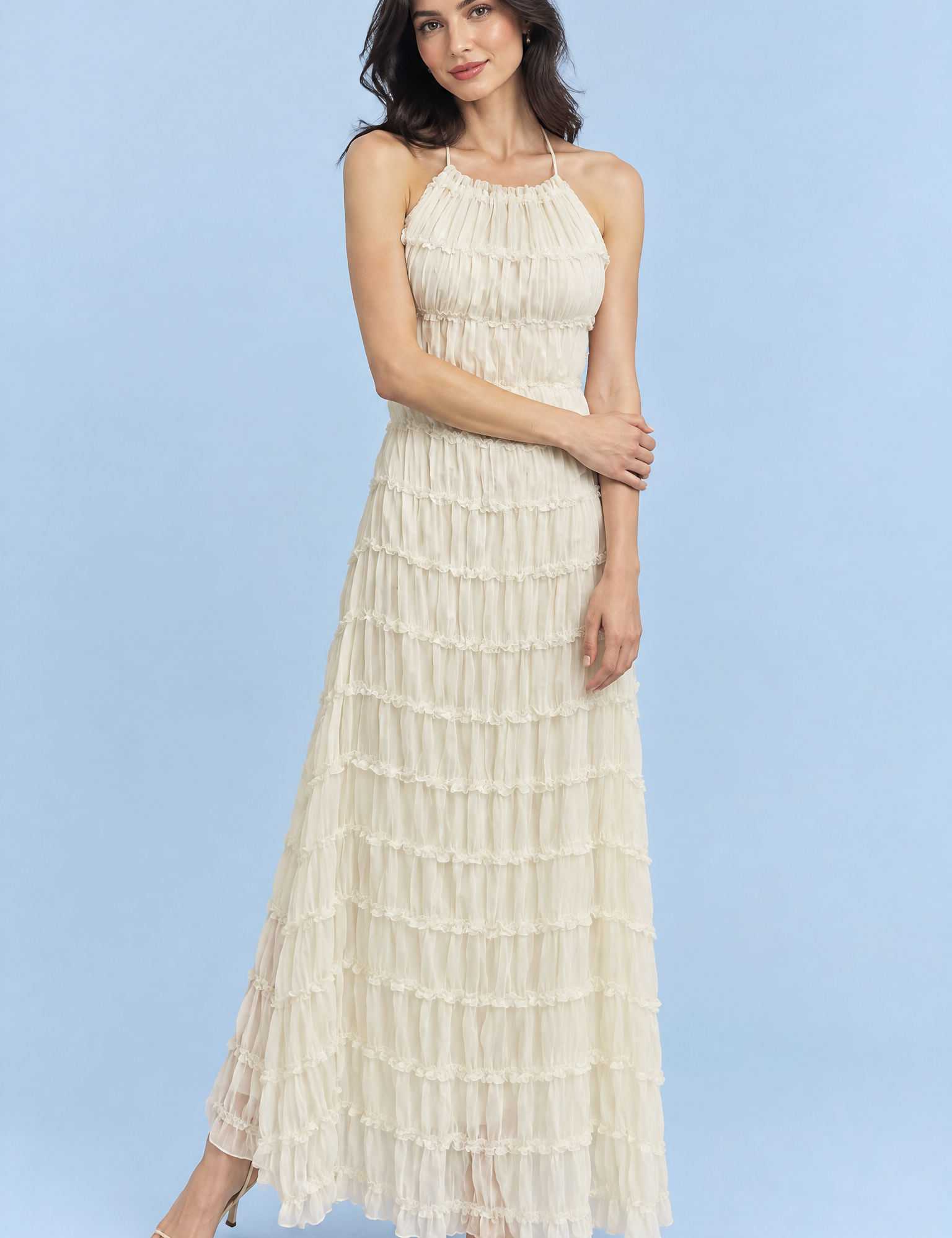 Robe longue plissée écrue | Vue de face | Lounelle Paris