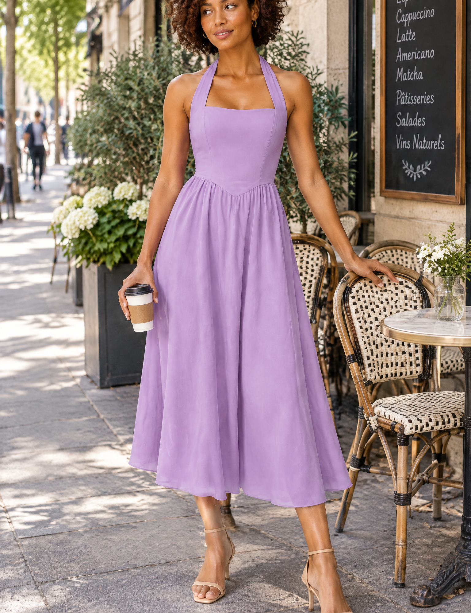 Robe midi patineuse violet clair à encolure américaine | Photo lifestyle | Lounelle Paris