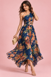 Robe bleue fleurie à une épaule | Vue en mouvement | Lounelle Paris