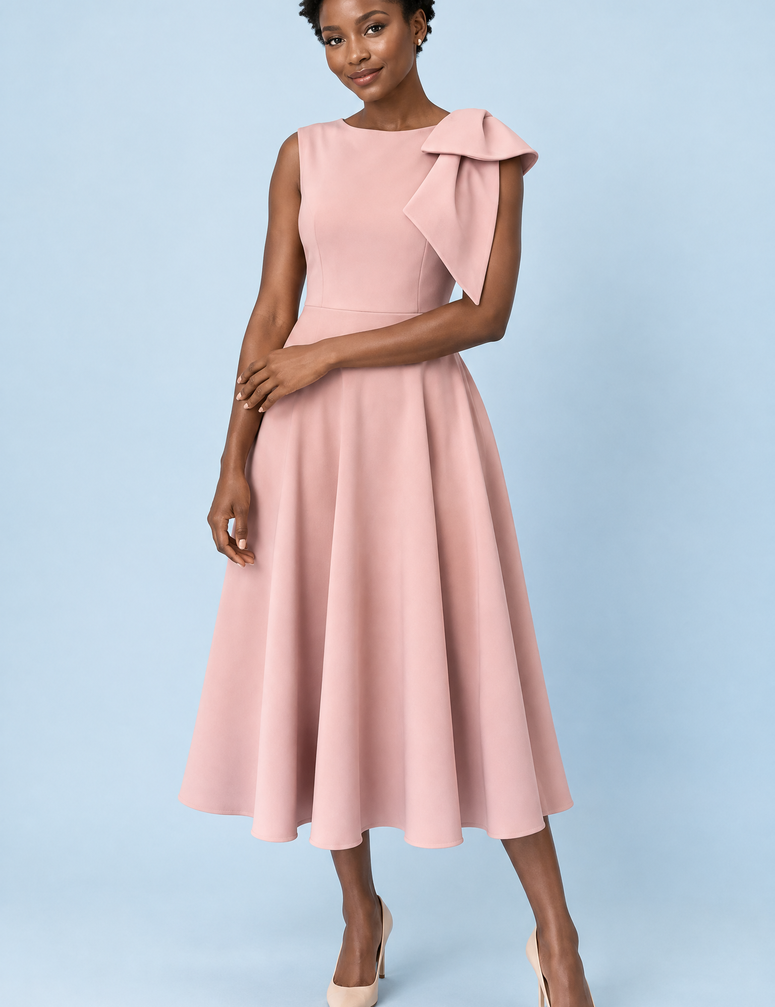 Robe midi rose à encolure asymétrique et manche à nœud | Vue de face | Lounelle Paris
