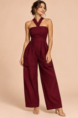 Jumpsuit med halterneck og vide ben – bordeaux