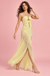 Robe longue jaune asymétrique à découpes | Vue en mouvement | Lounelle Paris