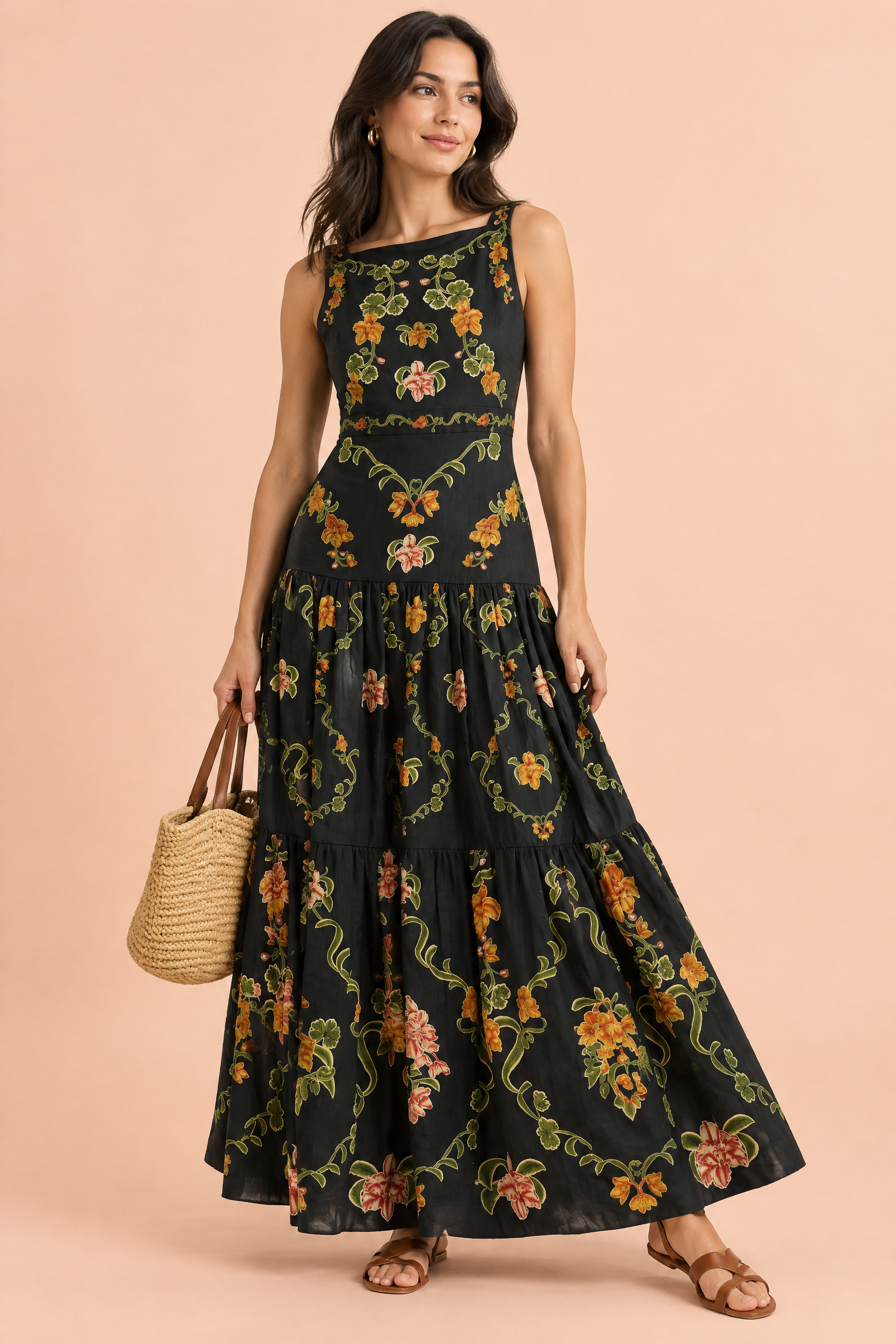 Robe longue noire fleurie à volants | Vue de face | Lounelle Paris