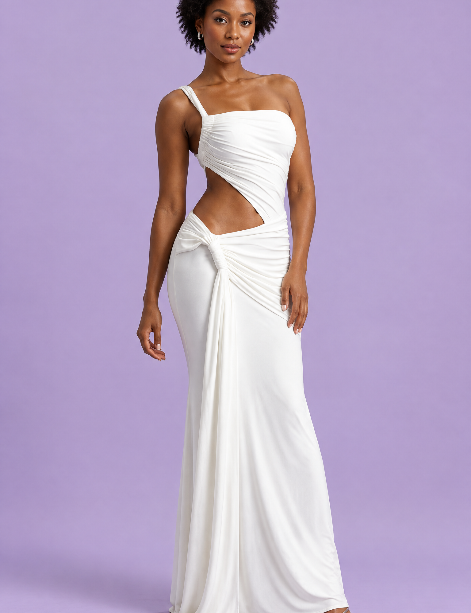 Robe longue blanche asymétrique à jupe portefeuille | Vue de face | Lounelle Paris
