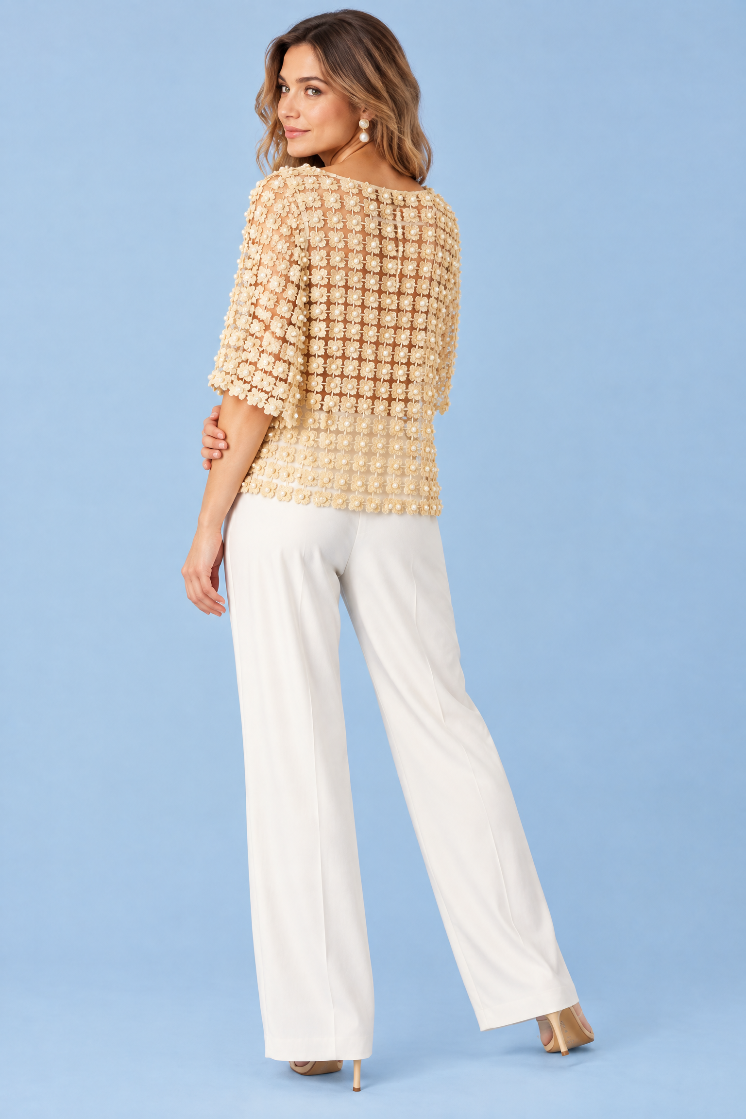 Top beige brodé et perlé | Vue de dos | Lounelle Paris