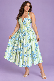 Robe longue vert clair dos nu à rayures et motifs floraux | Porté sur une autre silhouette | Lounelle Paris