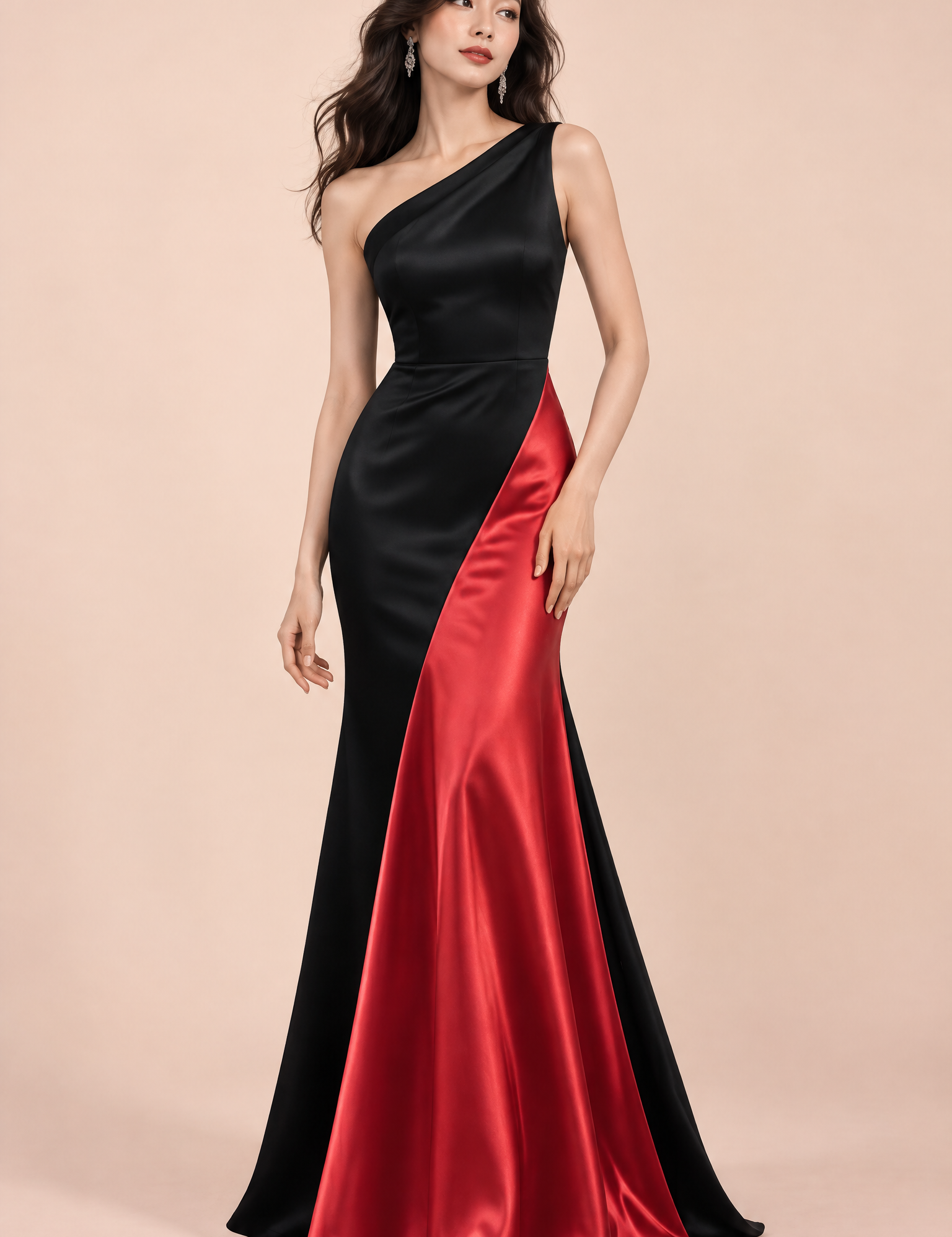 Robe longue noire et rouge à une épaule | Vue de face | Lounelle Paris