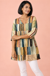 Tunique rayée à col V beige | Vue rapprochée | Lounelle Paris