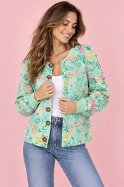 Cardigan vert menthe boutonné à col rond | Vue rapprochée | Lounelle Paris