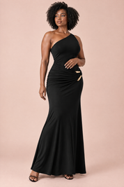 Robe longue noire à encolure asymétrique et dos nu | Porté sur une autre silhouette | Lounelle Paris