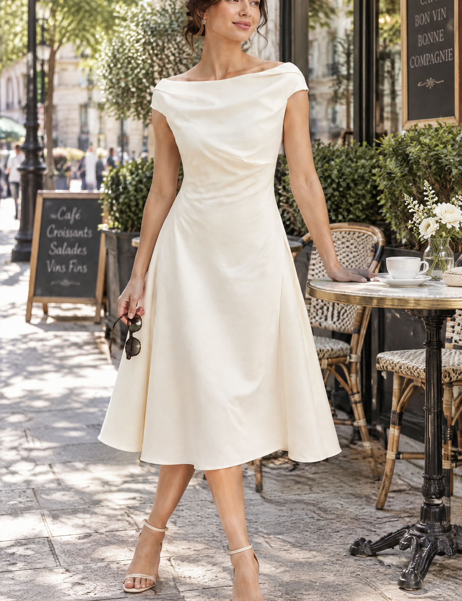 Robe trapèze blanc crème midi | Photo lifestyle | Lounelle Paris