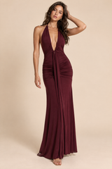 Bordeaux rynket halterneck-maxikjole