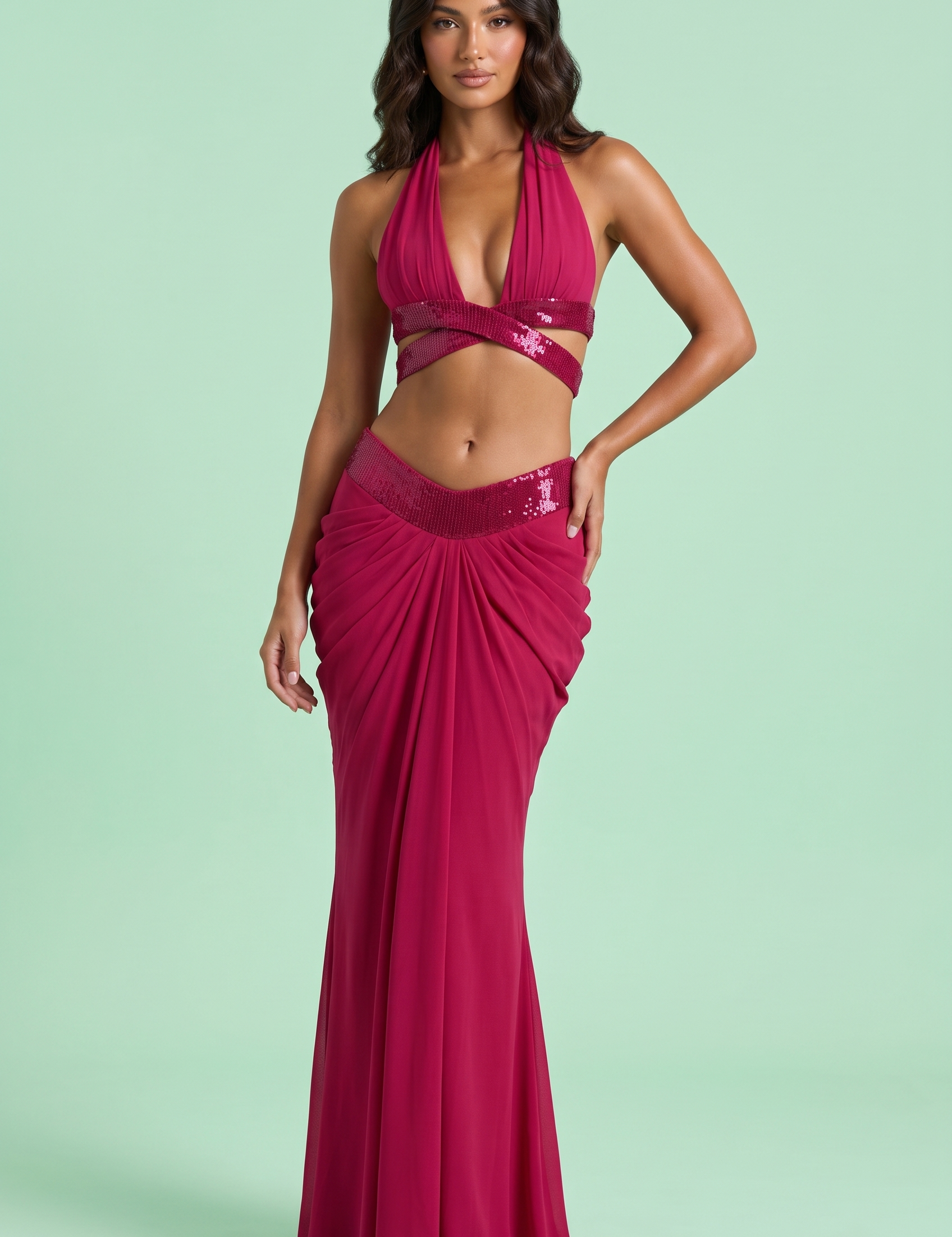 Ensemble magenta à dos nu avec jupe longue drapée | Vue de face | Lounelle Paris
