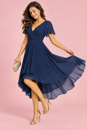 Robe bleu marine à manches volantées et ourlet asymétrique | Vue de dos | Lounelle Paris