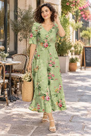 Robe longue verte à col V | Photo lifestyle | Lounelle Paris