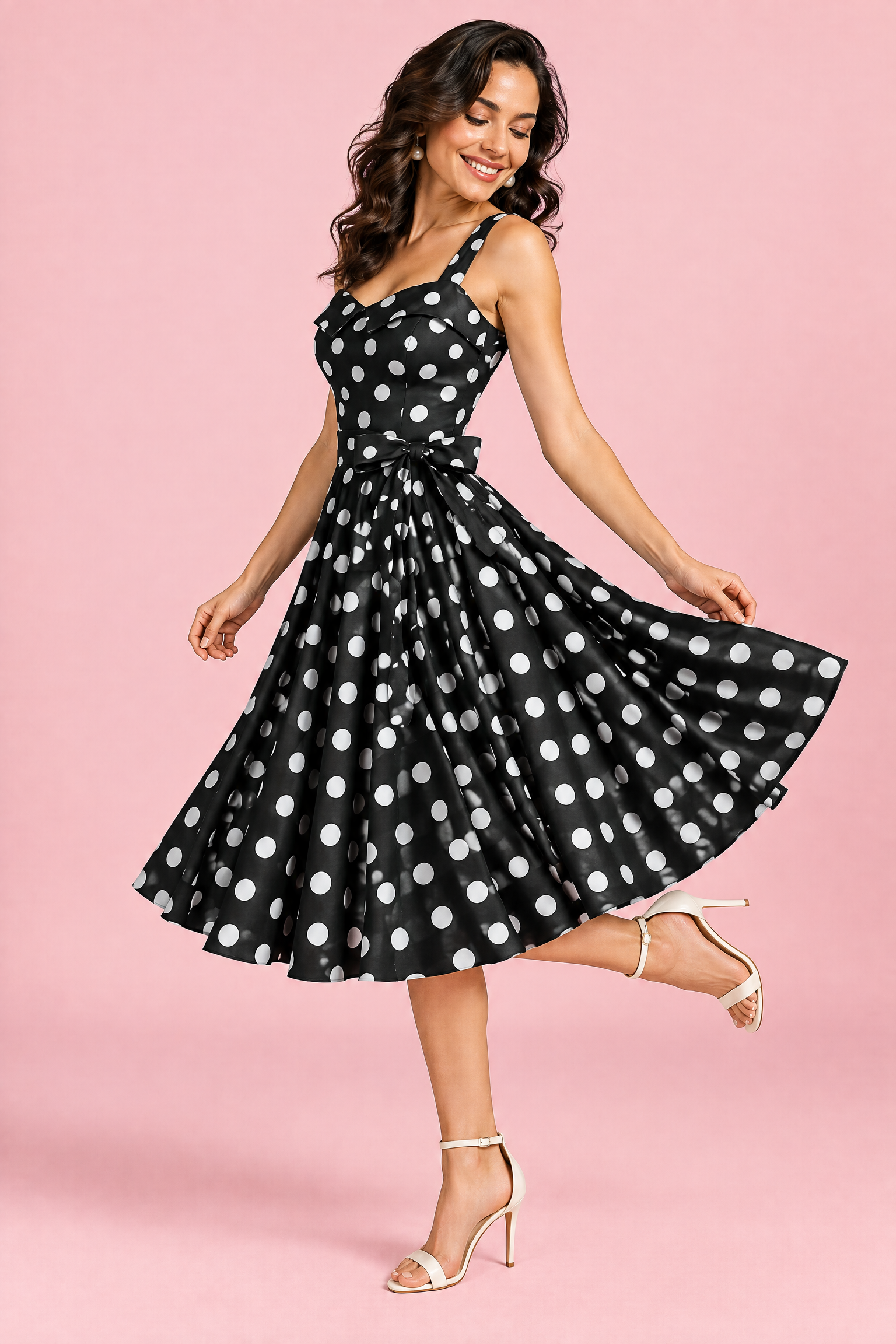 Robe midi noire à pois et encolure carrée | Vue de dos | Lounelle Paris