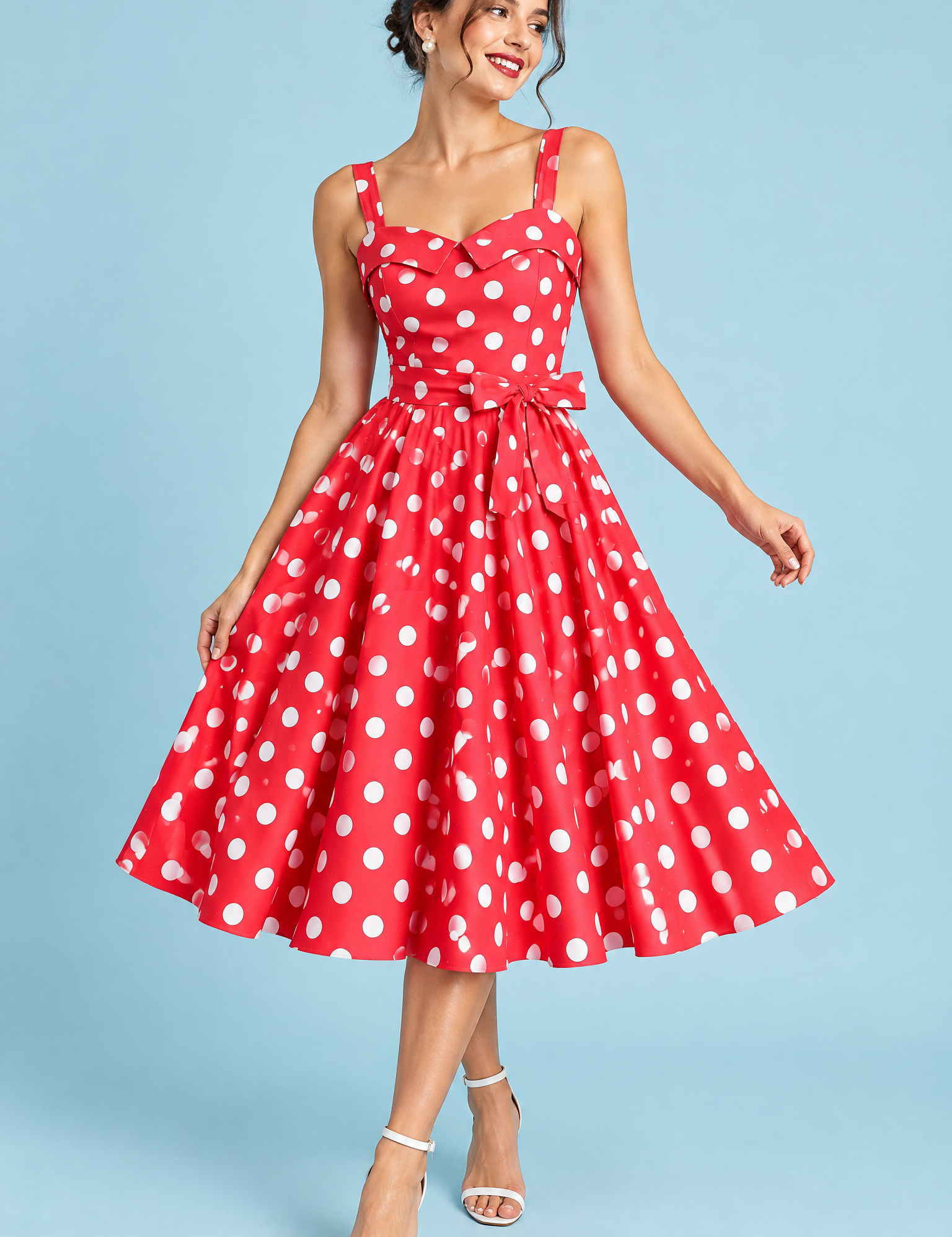 Robe midi rouge vif à pois et encolure carrée | Vue de face | Lounelle Paris