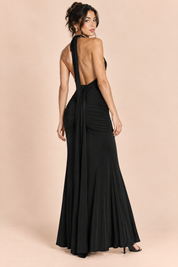 Robe longue noire froncée à col dos nu | Vue de dos | Lounelle Paris