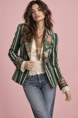 Grøn figursyet blazer med blomster og striber