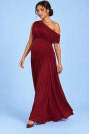 Robe longue de grossesse bordeaux à encolure asymétrique et taille basse | Vue en mouvement | Lounelle Paris
