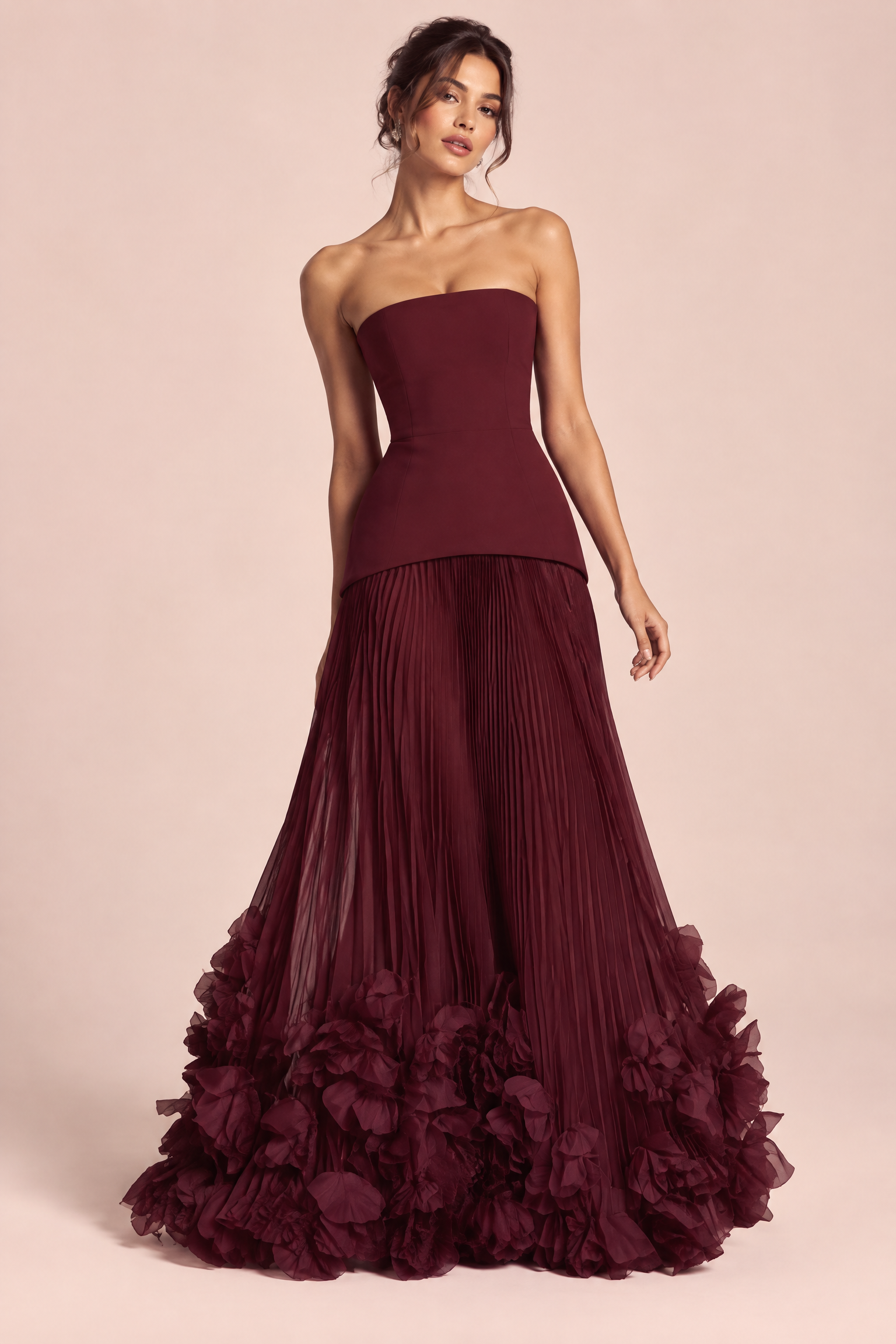 Robe longue bustier plissée rouge | Vue de face | Lounelle Paris