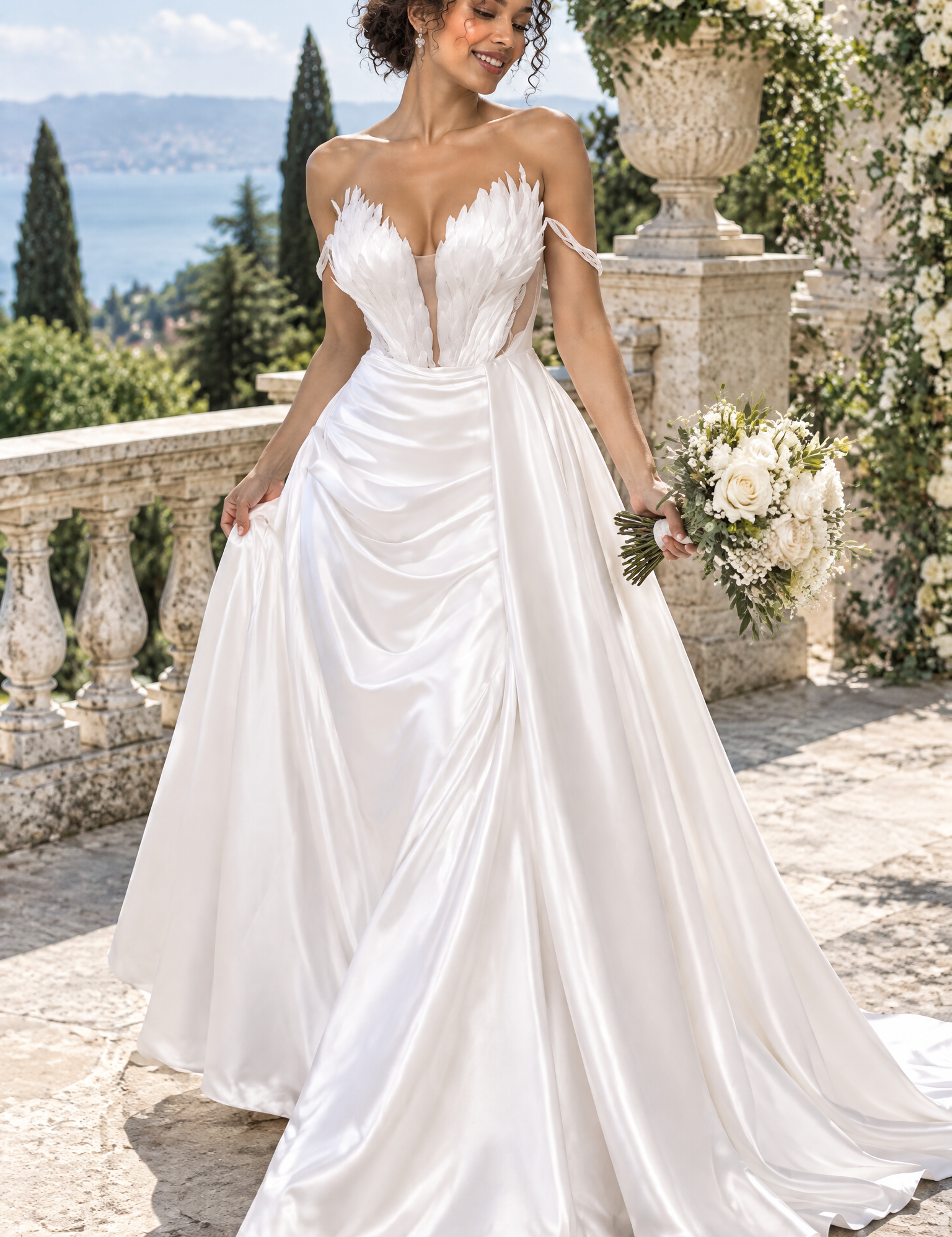 Robe longue bustier froncée blanche | Photo lifestyle | Lounelle Paris