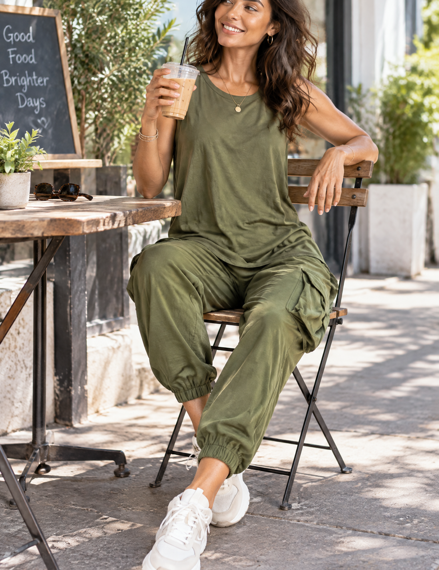 Ensemble deux pièces fluide avec débardeur et pantalon – vert olive | Photo lifestyle | Lounelle Paris