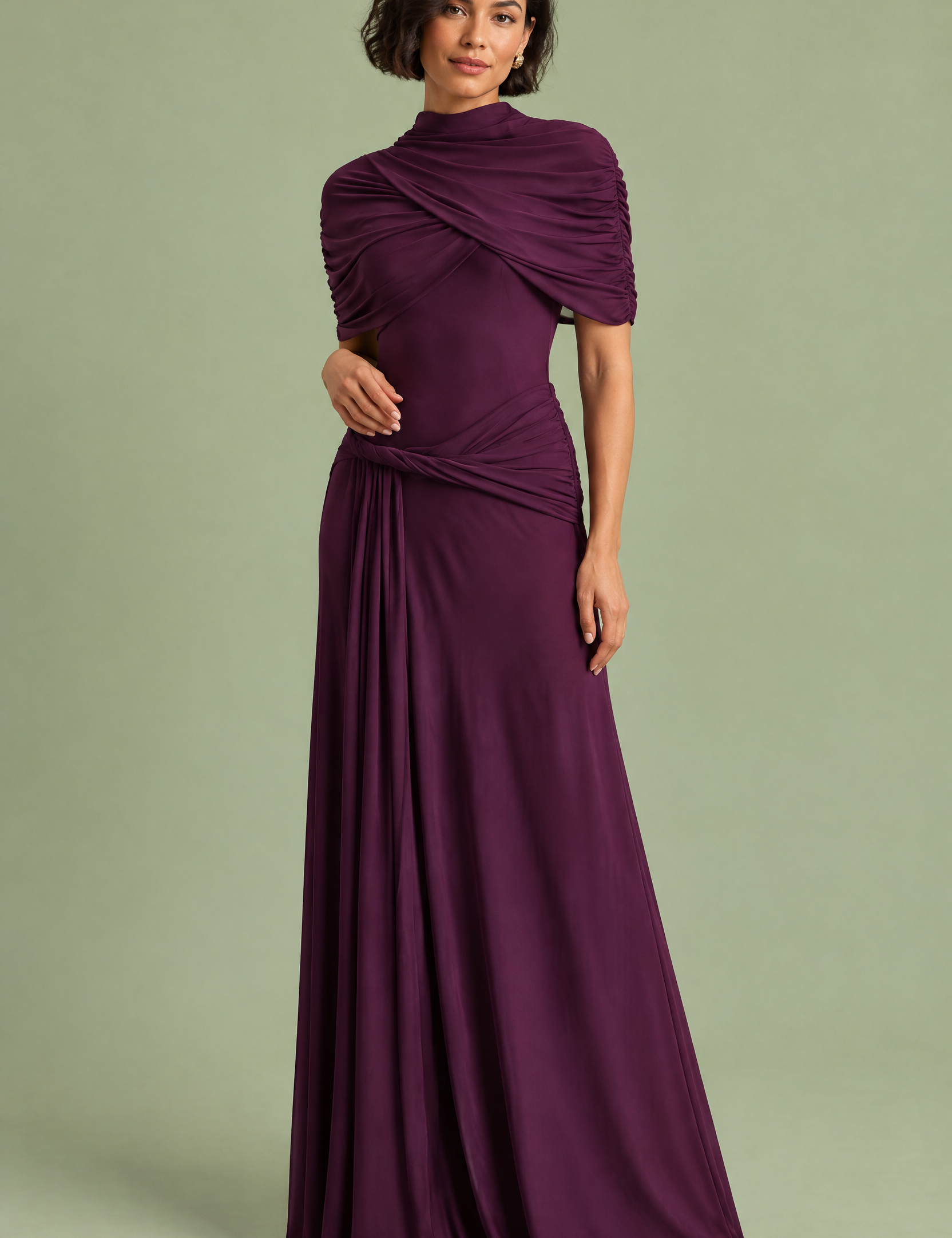 Robe longue violette à col montant et manches courtes façon cape | Vue de face | Lounelle Paris