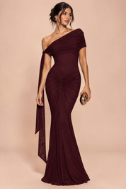 Robe longue moulante froncée asymétrique bordeaux | Vue de face | Lounelle Paris