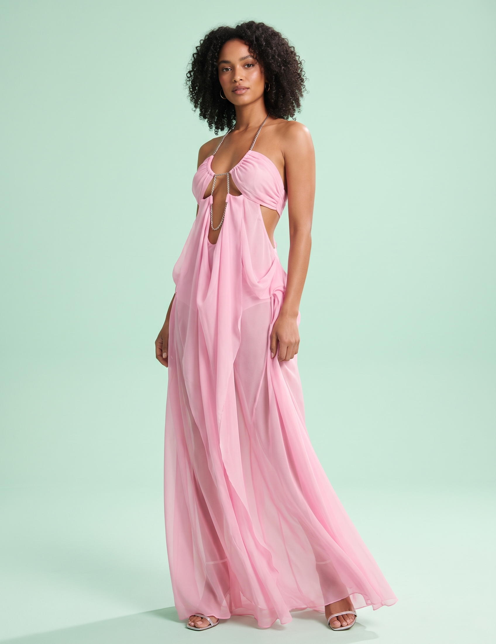 Robe longue rose à encolure américaine, découpes et mesh transparent | Vue de face | Lounelle Paris